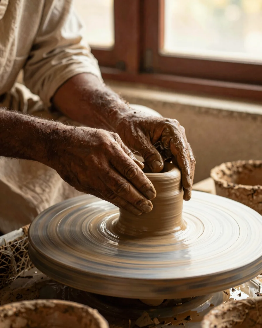 Close-up of artisan hands shaping terracotta clay on a traditional wheel, soft side-window illumination, warm terracotta