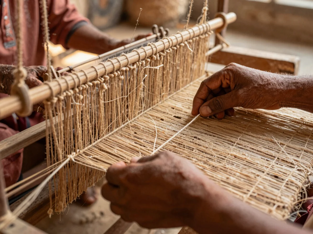Artisan hands weaving natural jute fiber on a traditional loom in