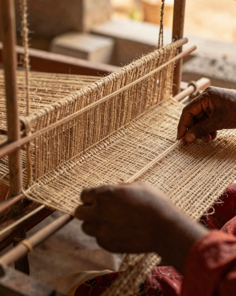 Close-up of artisan hands weaving natural jute fiber on a traditi
