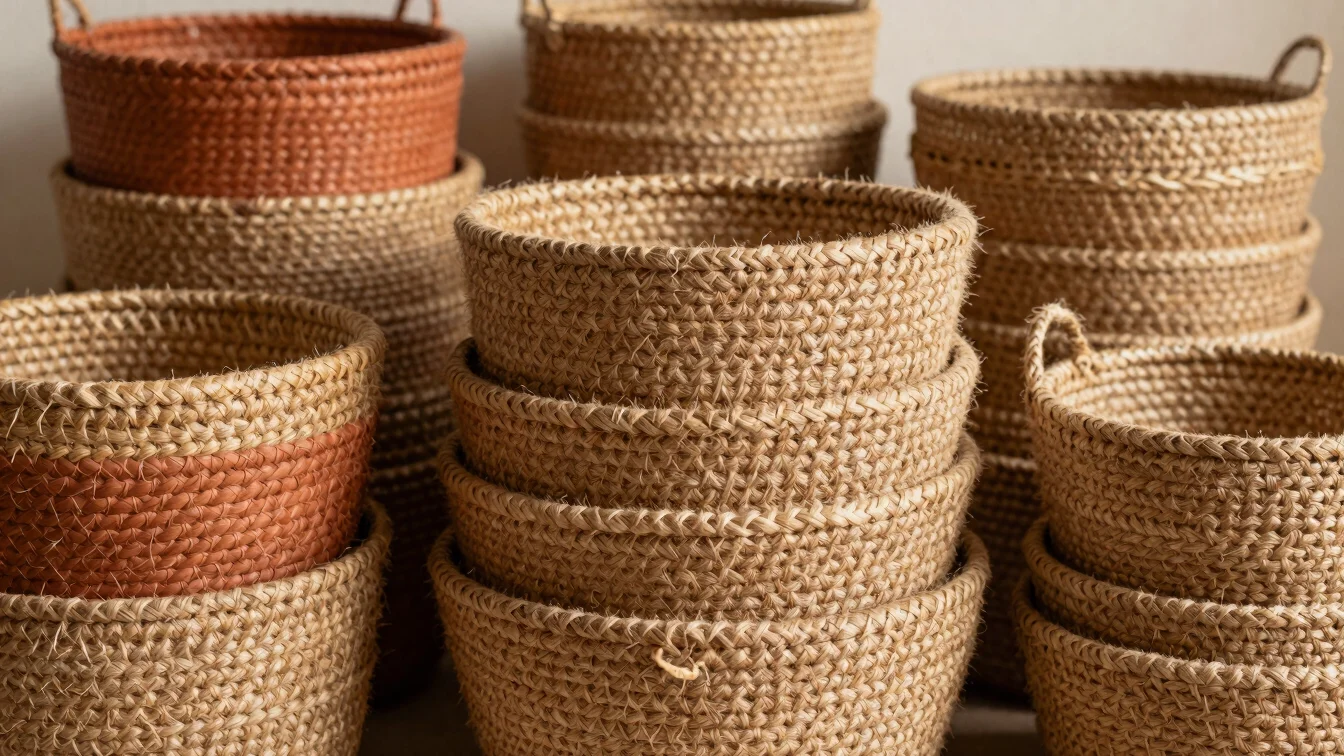 Stack of natural jute fiber woven baskets in a warm studio setting, soft daylight, focus on texture and form.