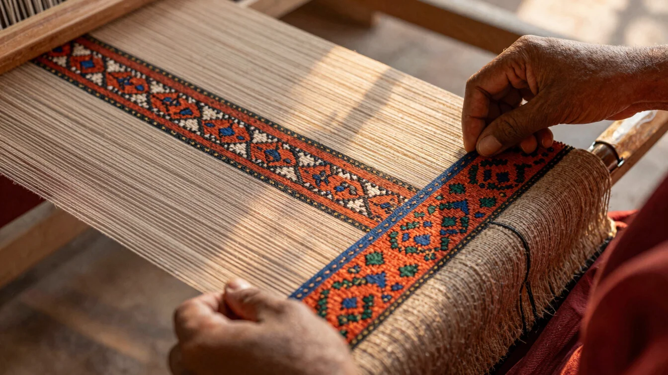 Close-up of a handloom weaving vibrant cotton and silk threads, artisan hands visible, natural light, intricate patterns