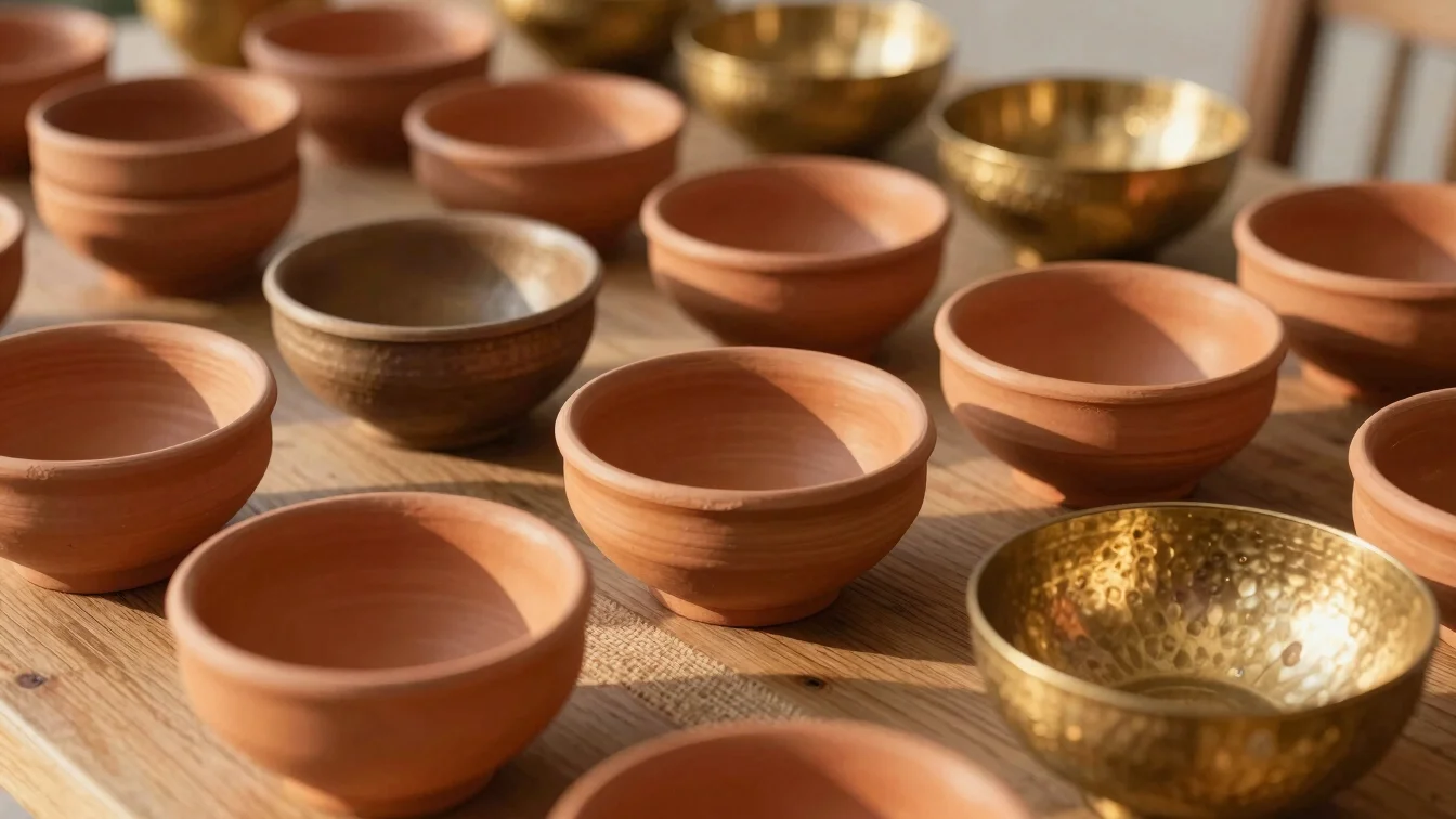 Arrangement of terracotta ceramic bowls and hand-hammered brass utensils on a wooden surface, golden hour light, focus o