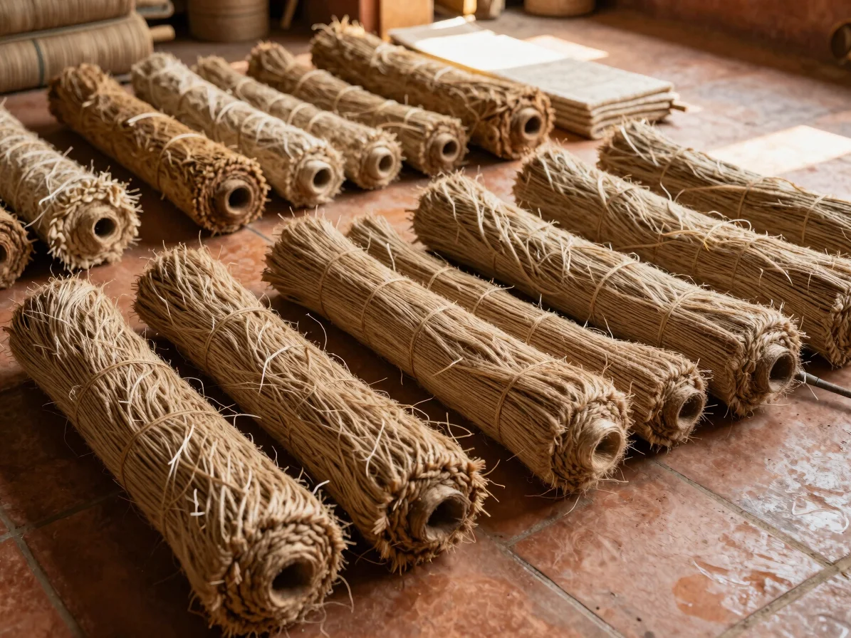 Wide panoramic shot of natural jute fiber bundles and hand-loomed