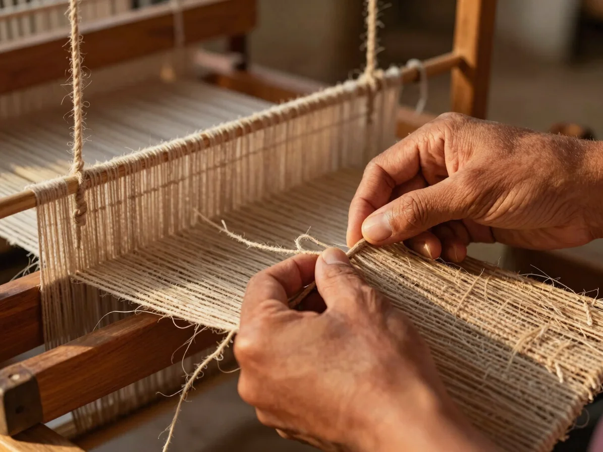 Artisan's hands meticulously weaving natural jute fiber on a traditional wooden handloom, close-up, warm golden hour lig