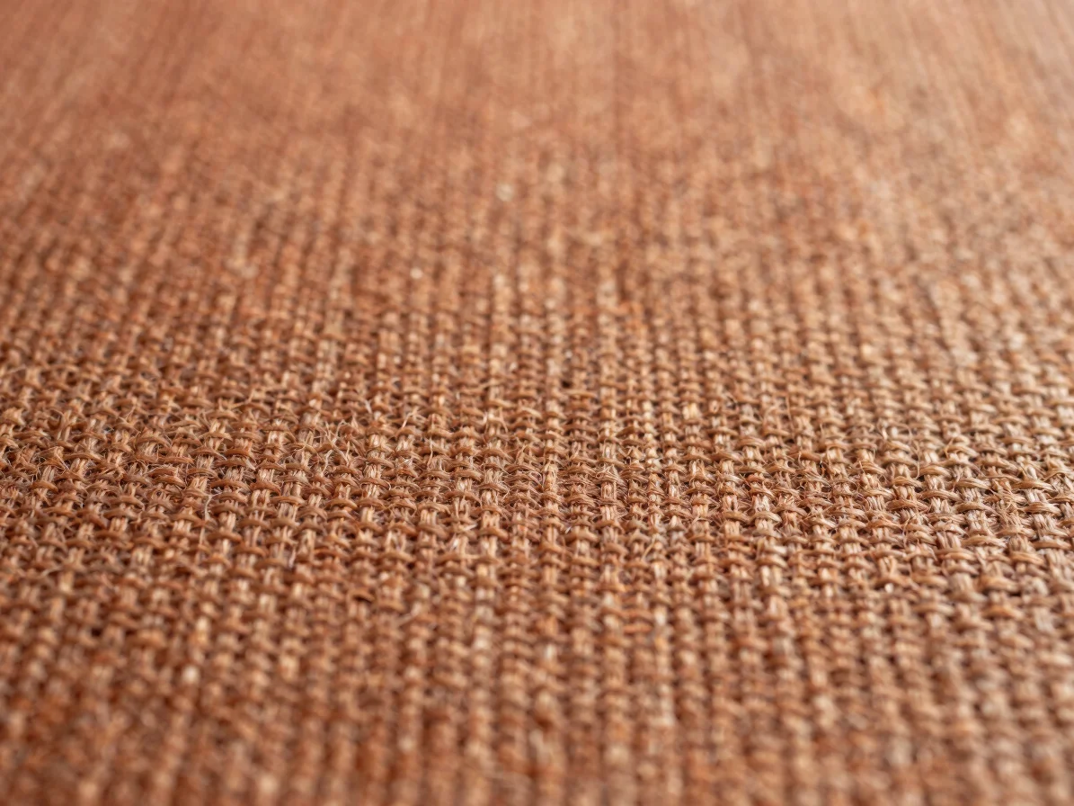 Macro detail of a hand-loomed textile, showing intricate weave and texture, soft studio light, earthy tones.