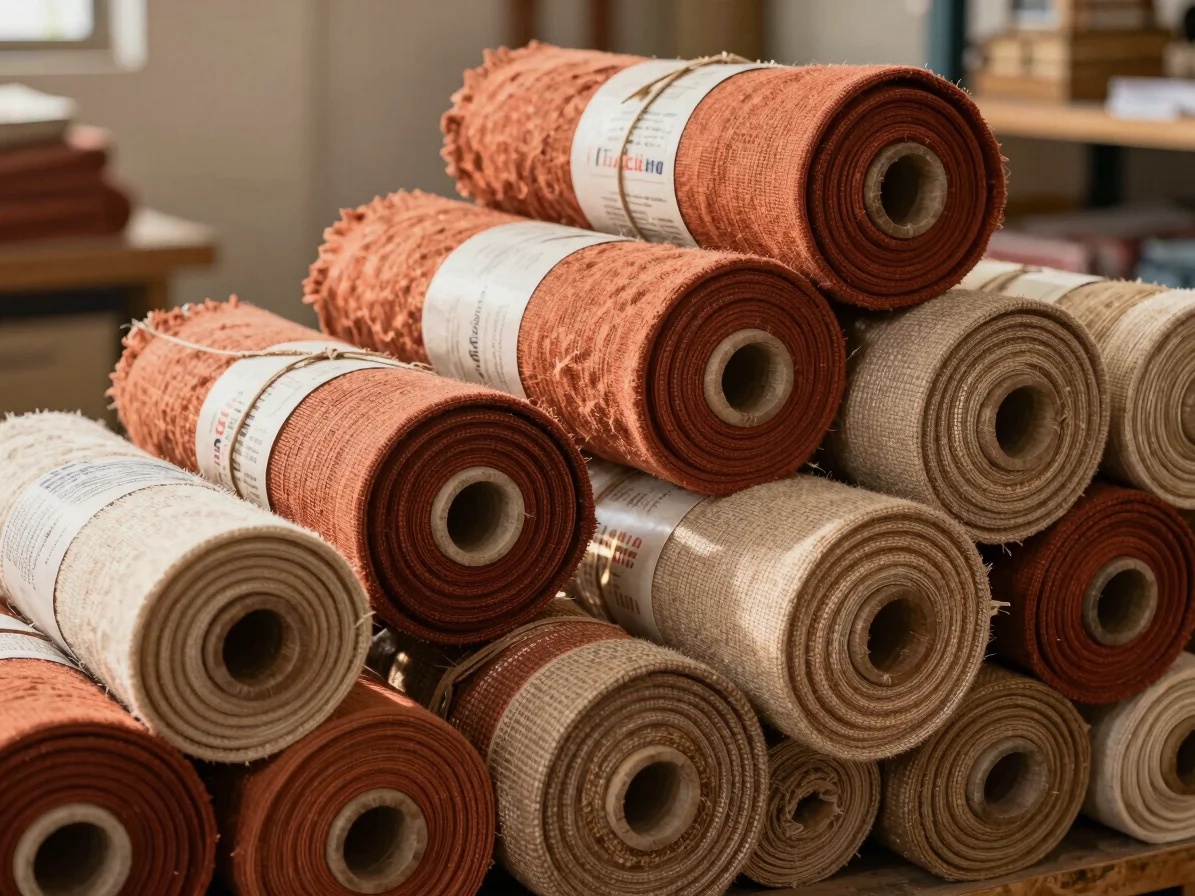 Neatly stacked rolls of hand-loomed textiles, wrapped in eco-friendly packaging, ready for export, in a clean warehouse