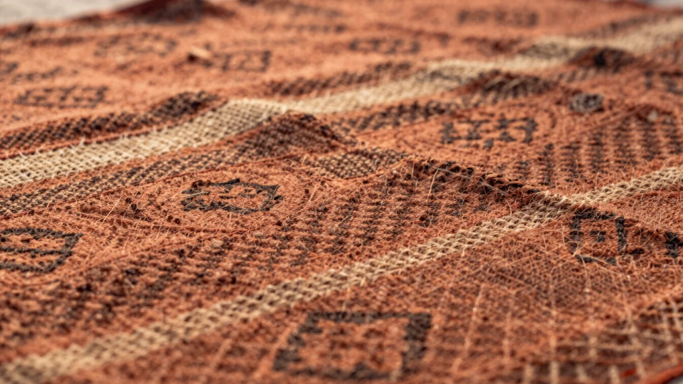 Close-up of hand-loomed textile with intricate patterns, soft natural light, showcasing texture.