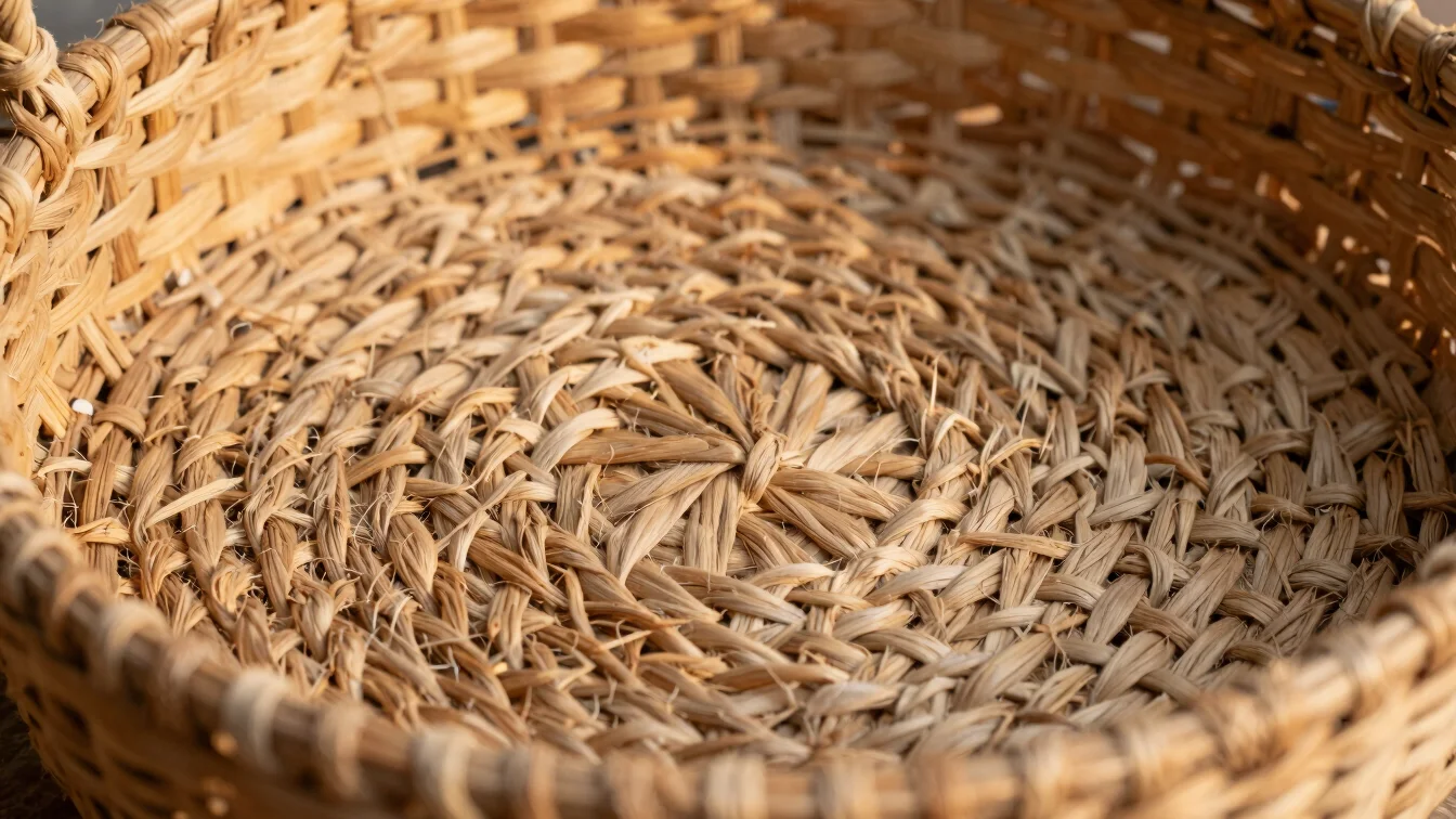 Studio hero shot of intricate jute woven basket, natural golden hour daylight, earthy jute tones, macro detail, 50mm len