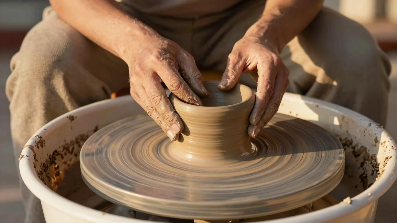 Artisan hands shaping terracotta clay on a traditional wheel, golden hour light, focus on craft.
