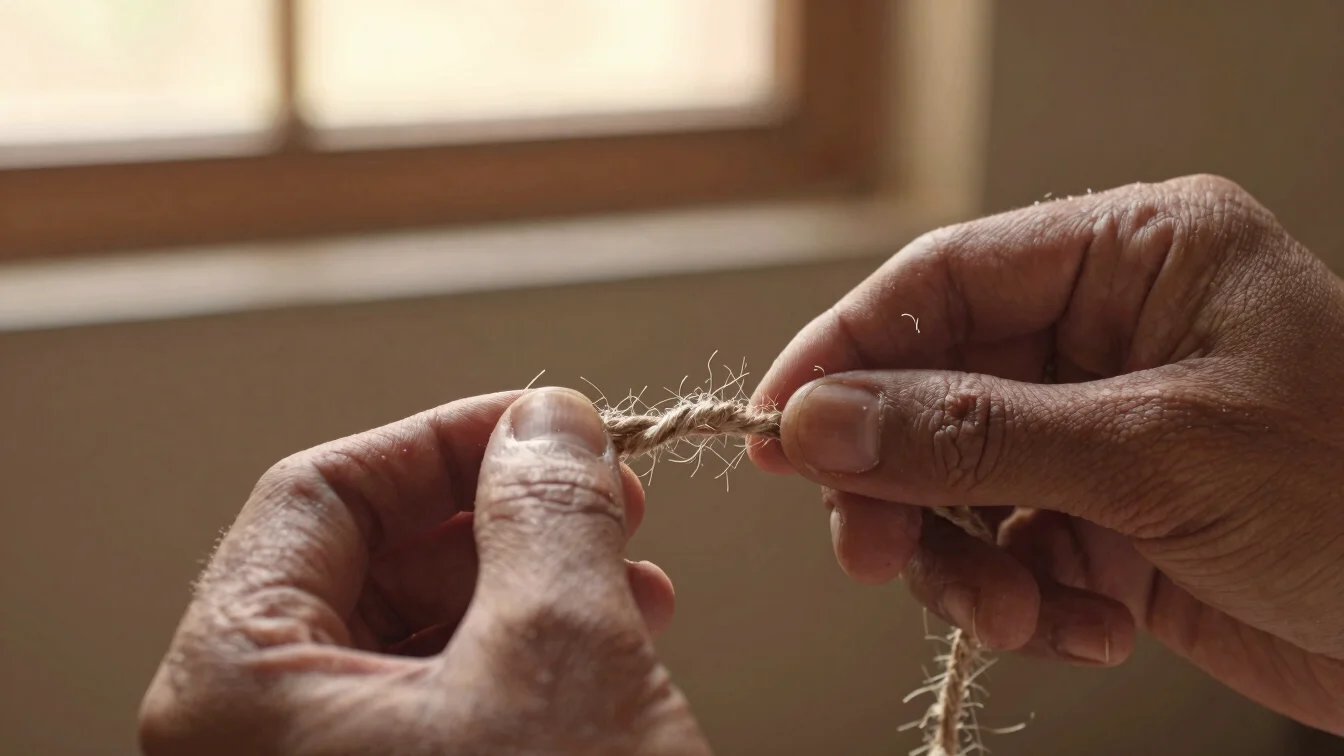 Macro detail of natural jute fiber being twisted by artisan hands, warm side-window illumination.
