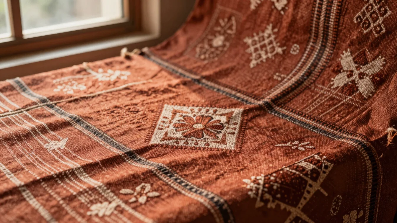 Studio hero shot of hand-loomed textile fabric with intricate pattern, warm side-window illumination, rich terracotta an