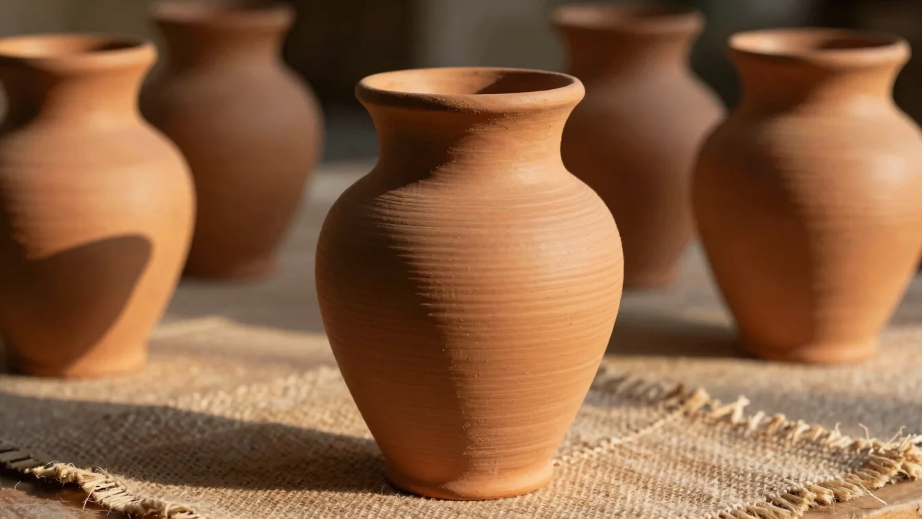 Studio hero shot of handcrafted terracotta ceramic vase, soft golden hour daylight, earthy terracotta tones, structured