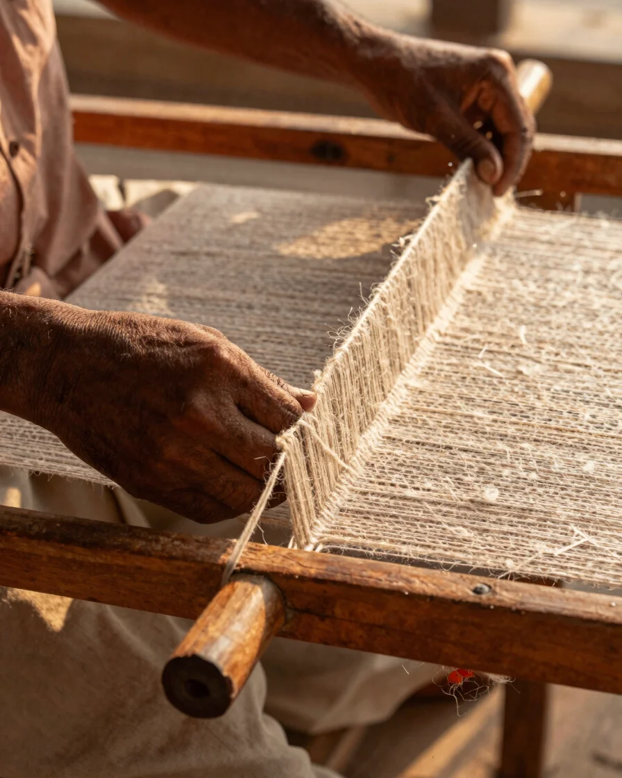 Close-up of Bangladeshi artisan hands guiding a traditional wooden handloom with raw cotton yarn in warm golden daylight