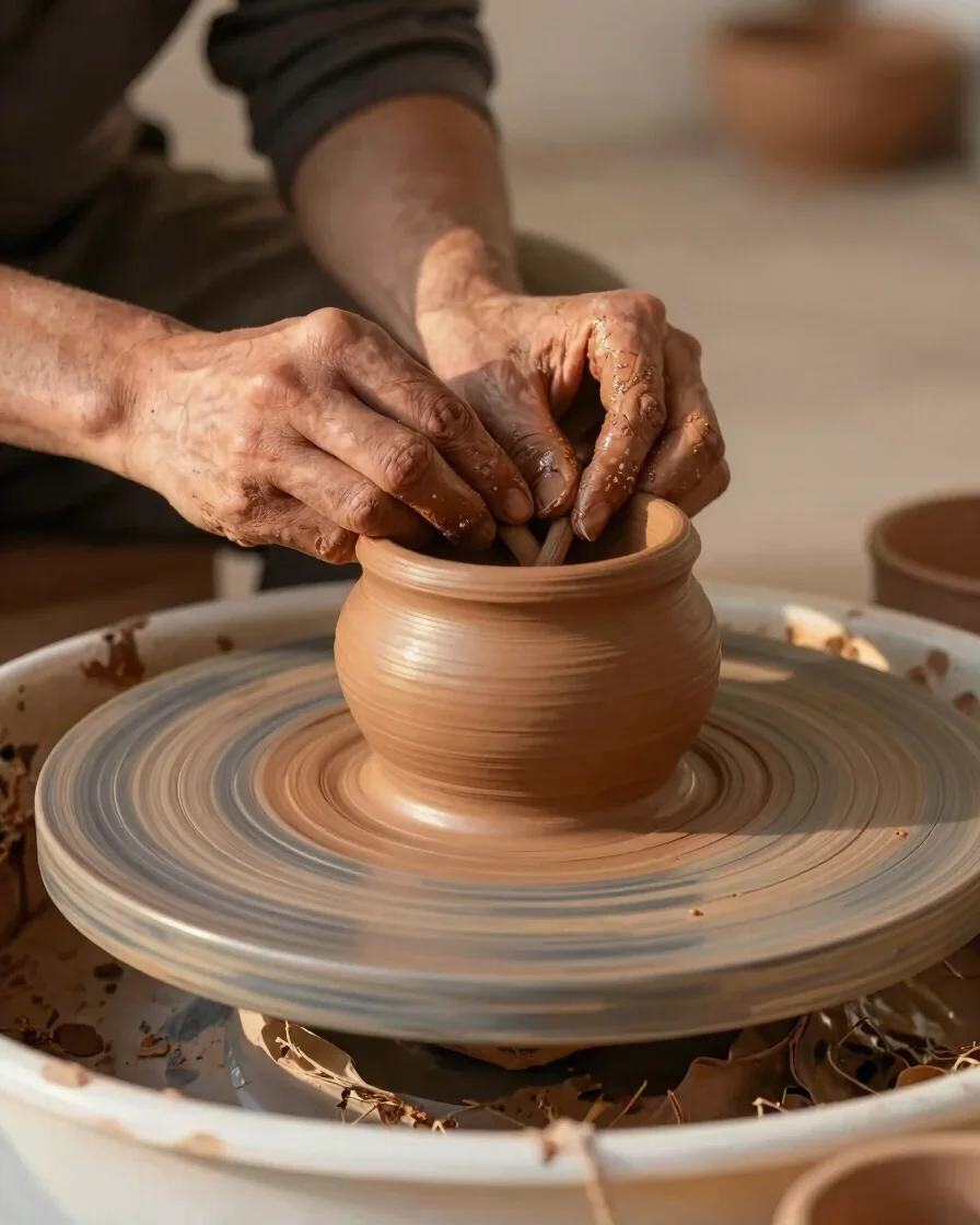 Soft natural side illumination on an artisan carefully shaping warm terracotta clay on a traditional wheel