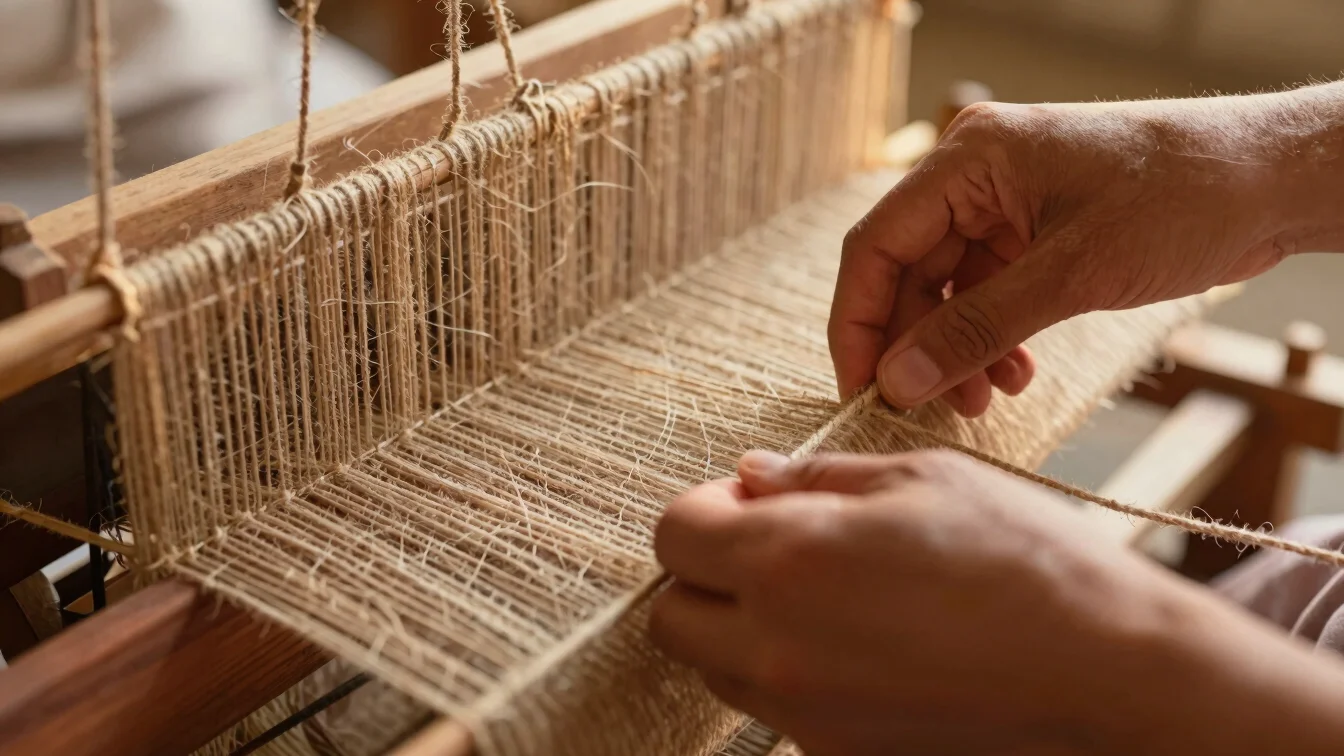 Artisan's hands carefully weaving natural jute fiber on a traditional loom, warm golden hour light, macro detail.