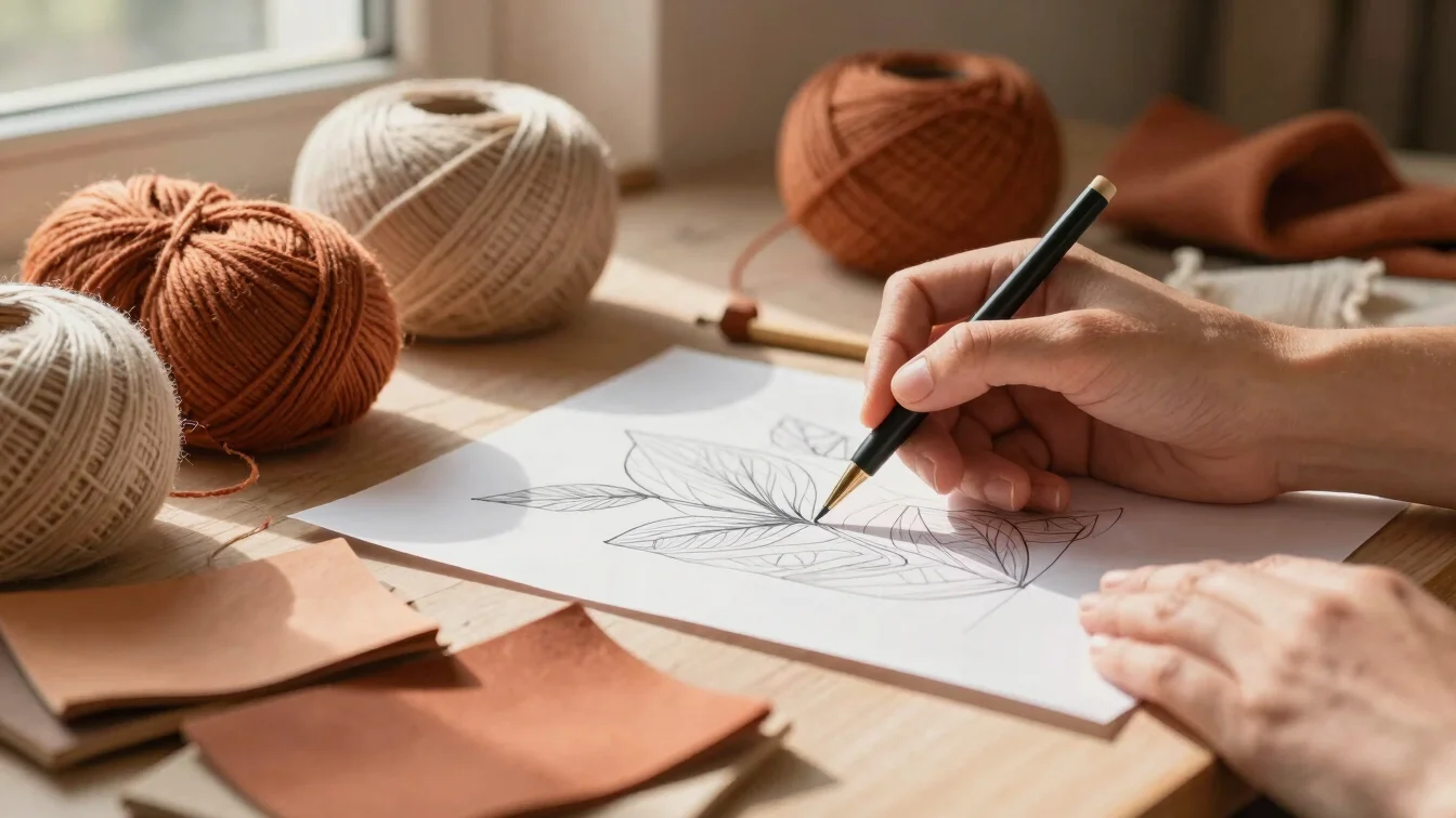 Close-up of a designer's hands sketching textile patterns, surrounded by natural yarn skeins and terracotta samples, sof