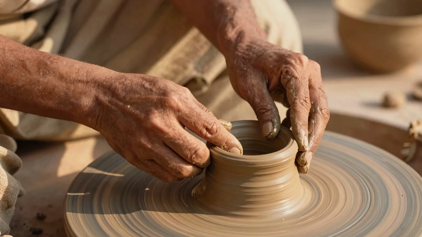 Artisan's hands shaping terracotta clay, intricate detail, warm South Asian daylight.