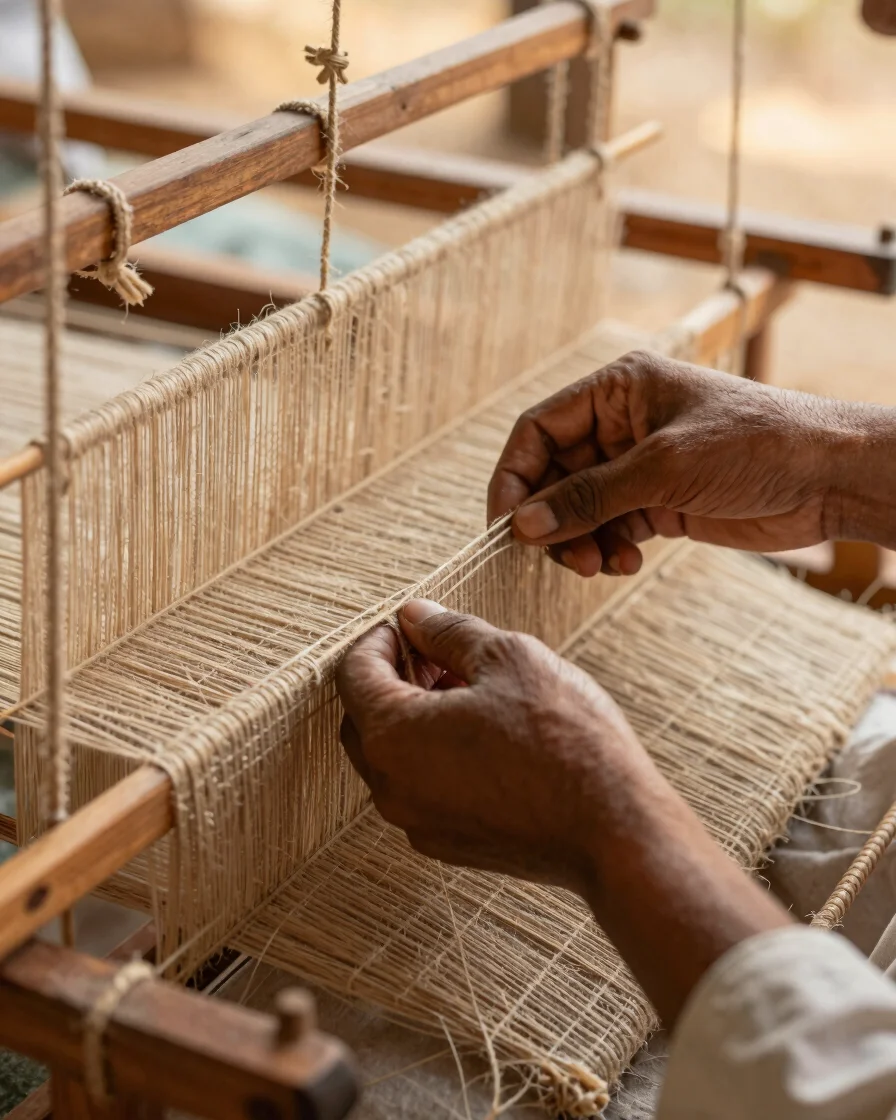 Authentic Bangladeshi artisan hands weaving natural jute fibers o
