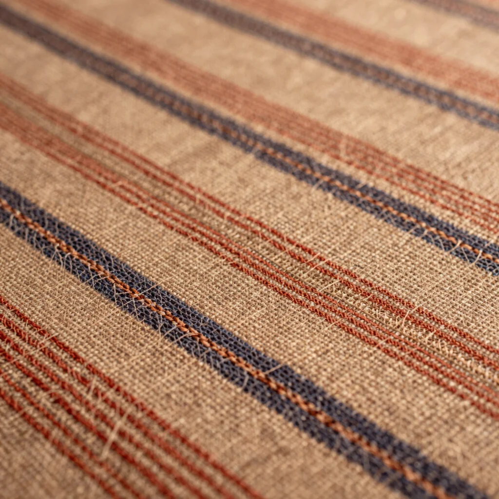 Detailed shot of hand-loomed textile pattern, showing individual threads and color variations, soft focus.
