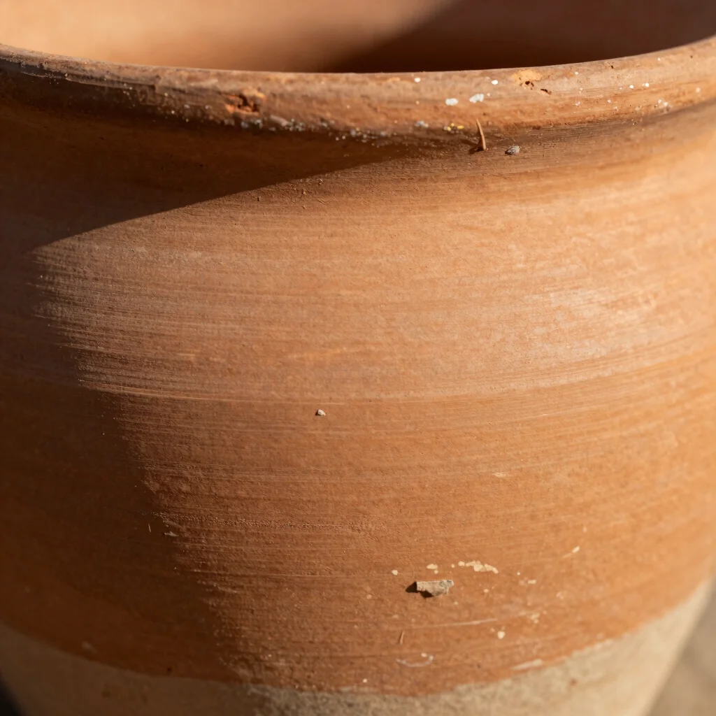 Close-up of a terracotta ceramic surface, showing natural imperfections and matte finish, warm light.