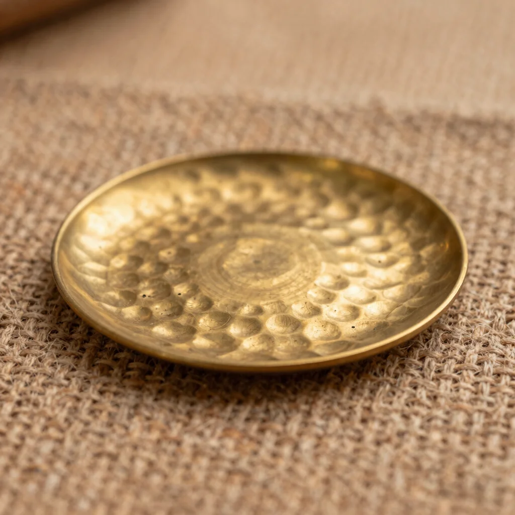 Macro detail of hand-hammered brass surface, reflecting soft light, showing tool marks.