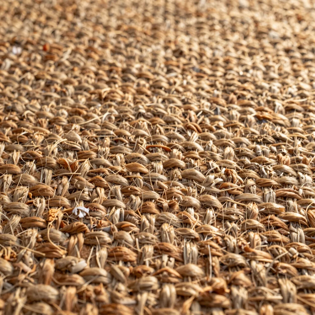 Textural close-up of a natural fiber rug, showing woven knots and organic variations, golden hour light.