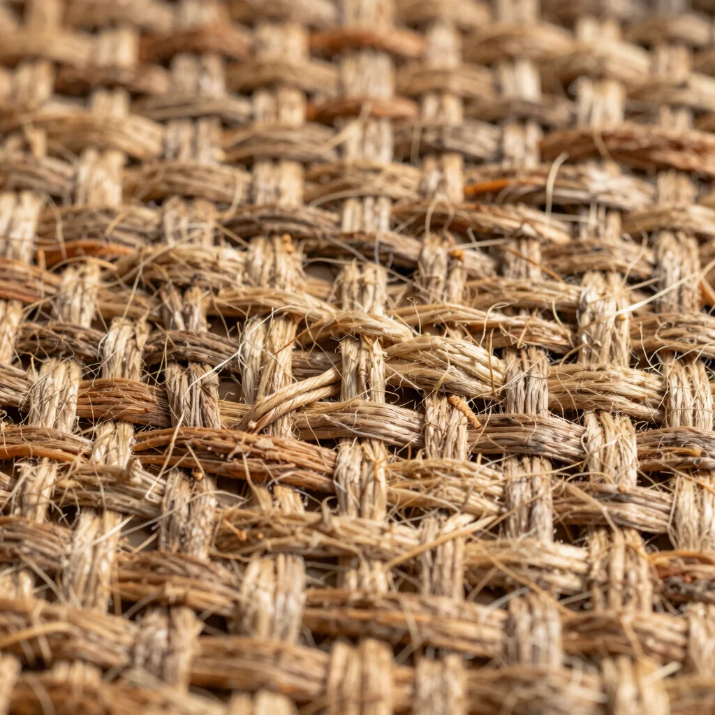 Macro close-up of tightly woven jute basket texture, natural light, earthy tones.